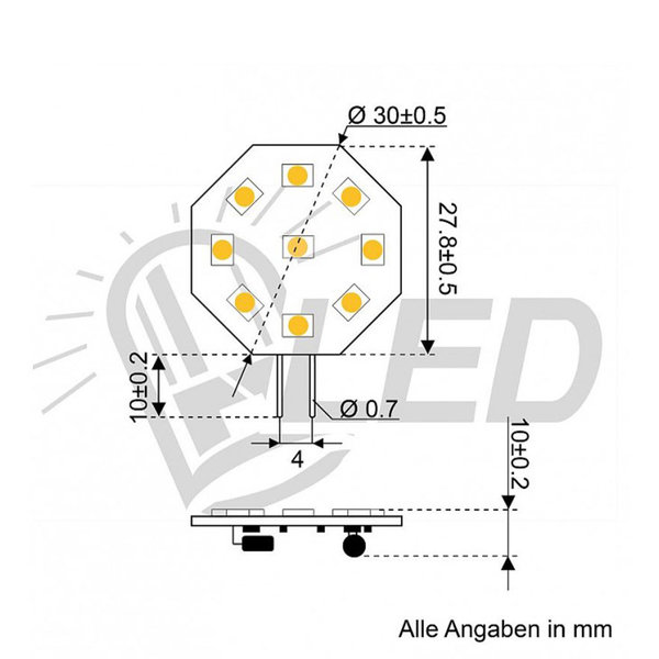 LED Plättchen G4 Ø 30mm Octagonal  0,5W 63lm 2900K Warmweiß 10-30V DC/ 10-18V AC Dimmbar