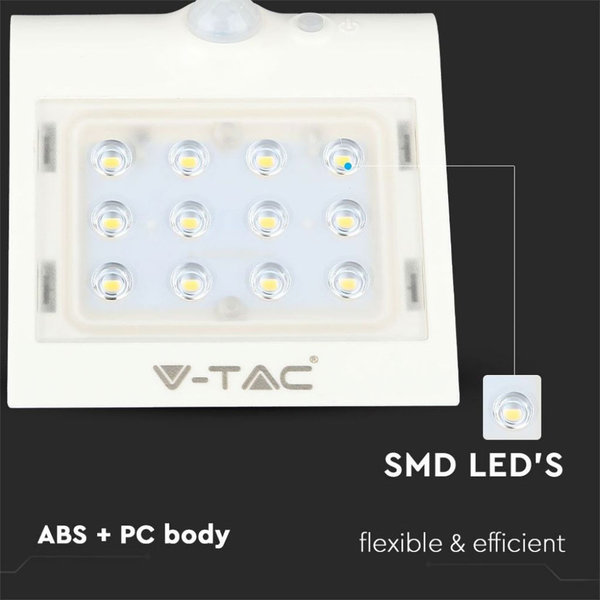 V-TAC PRO LED Solar Batterie Außenwandleuchte IP65 1,5W 220lm 4000K Neutralweiß Bewegungsmelder Weiß